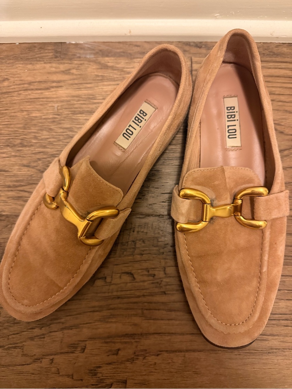 Bibi Lou Tan Suede Loafers with Gold Hardware - Women’s